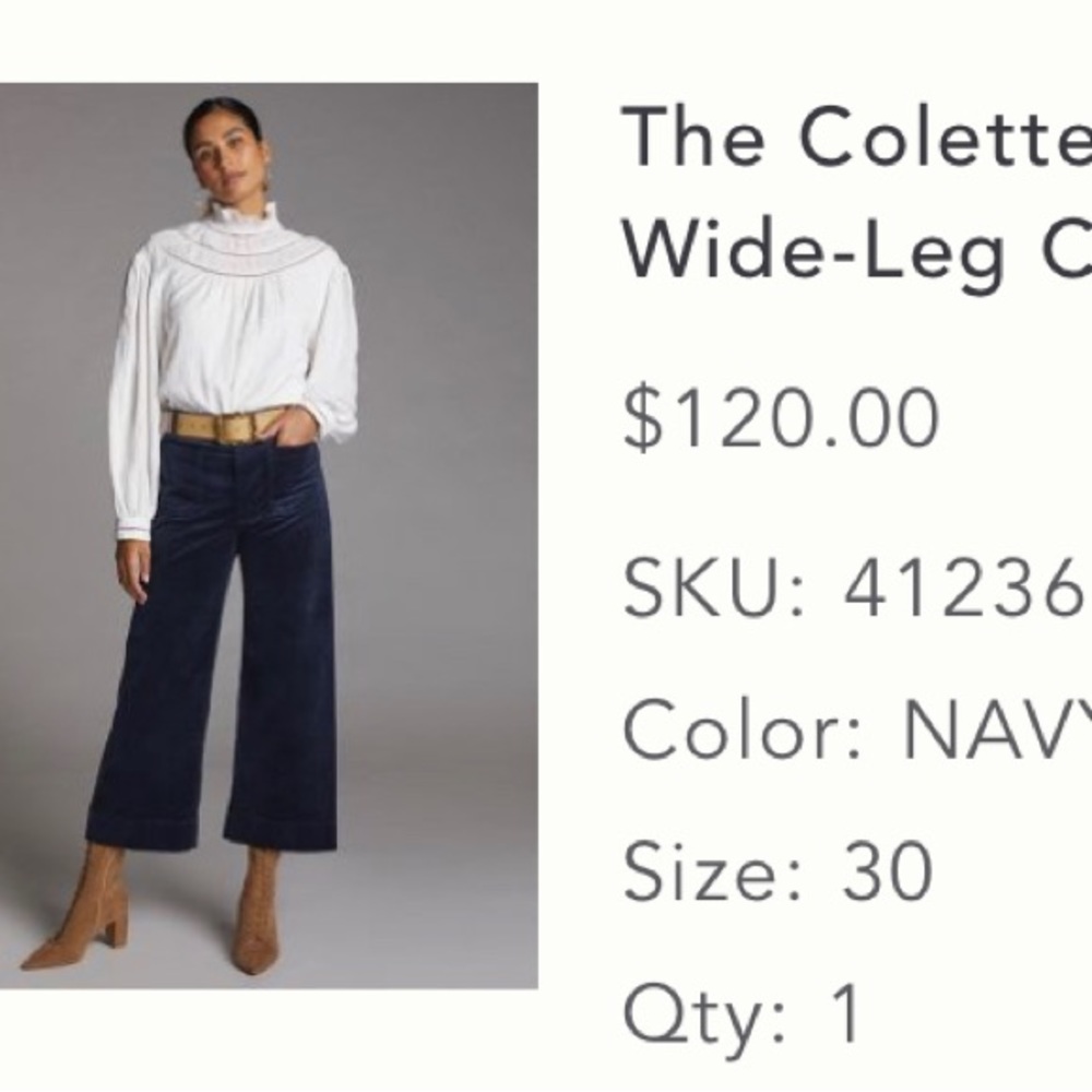 Anthropologie Maeve “ The Colette” Wide leg, corduroy. SZ 30 crop.